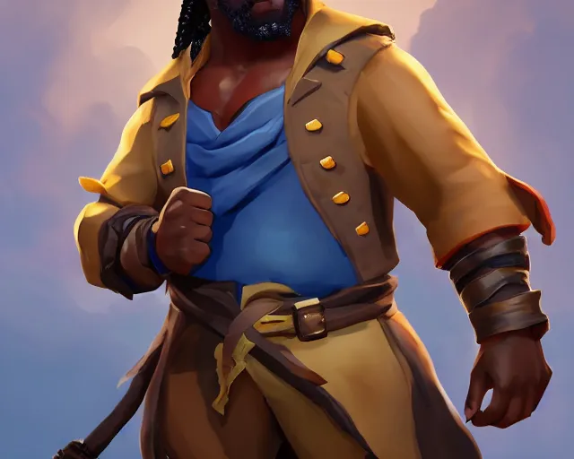 Image similar to sea of thieves character portrait concept art for a huge hulking muscular african american man wearing a blue jacket shirt pants and boots with a pegleg, cgsociety, trending on artstation, rare ltd,