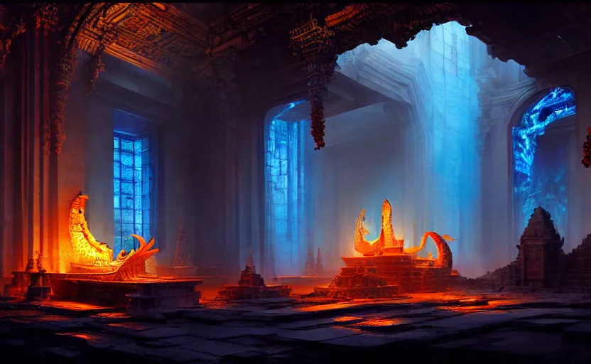 Prompt: The interior of an mytical and ancient temple dragons, in ruins, fire light, a ray of blue light, intricate, elegant, volumetric lighting, digital painting, highly detailed, artstation, sharp focus, illustration, concept art, ruan jia, steve mccurry