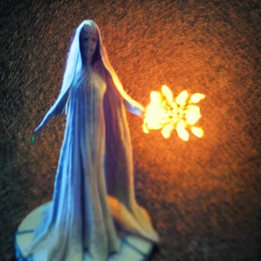 Prompt: needle felt action shot of galadriel saying i would be queen, lotr, dramatic lighting, spooky, dslr, tilt shift, extremely textured, realistic hyper detailed, background grotto