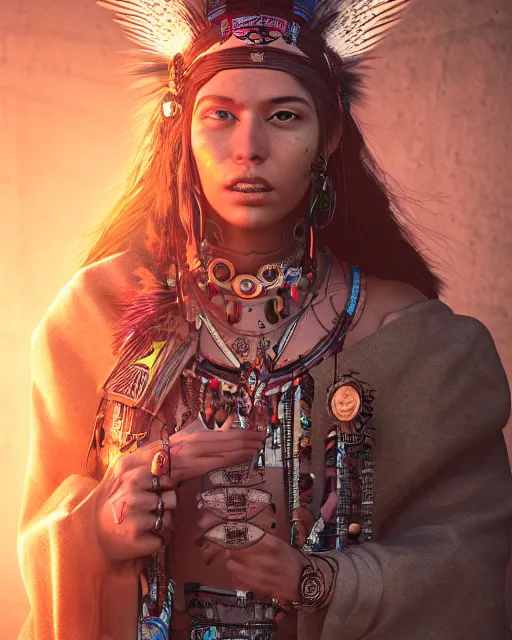 Prompt: Beautiful art portrait of a cyberpunk native american female owl shaman in a temple, cyberpunk aesthetic, atmospheric lighting, intricate detail, cgsociety, hyperrealistic, octane render, RPG portrait, ambient light, dynamic lighting,