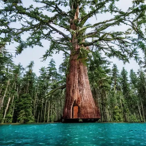 Prompt: an island in the middle of a lake with a 1000-foot-tall tree growing from it