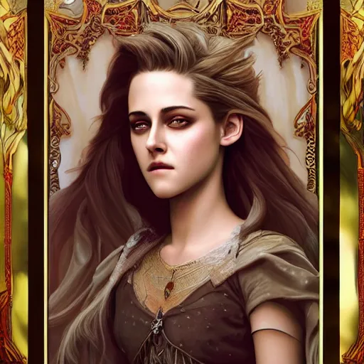 Prompt: mindblowing portrait of kristen stewart as a rapunzel, deep focus, fantasy, intricate, elegant, highly detailed, digital painting, artstation, concept art, matte, sharp, illustration, hearthstone, art by artgerm and greg rutkowski and alphonse mucha