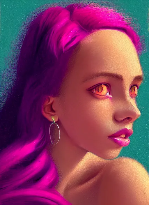 Image similar to portrait of teenage vanessa morgan with bright pink hair, vanessa morgan, curly pixie cut hair, wearing a purple breton cap, breton cap, hoop earrings, intricate, elegant, glowing lights, highly detailed, digital painting, artstation, concept art, smooth, sharp focus, illustration, art by wlop, mars ravelo and greg rutkowski