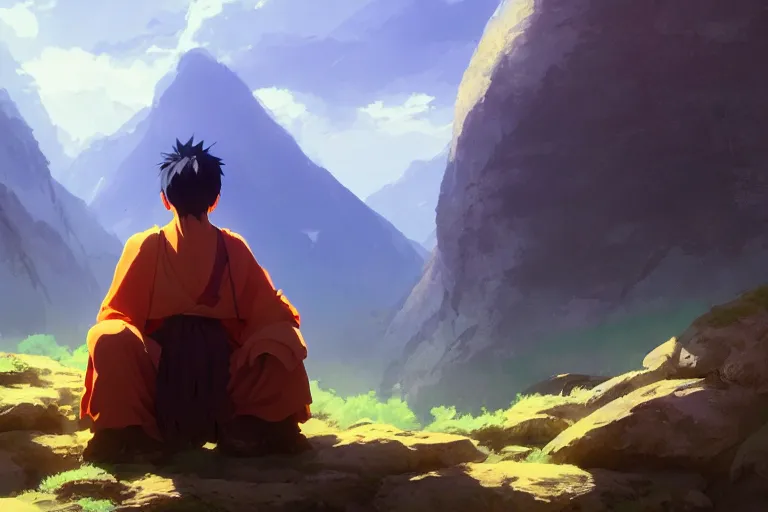 Image similar to ultra realistic, monk smoking, mountain, colors, 8 k, hd, details, fantasy, epic, ancient city, landscape illustration concept art anime key visual trending pixiv fanbox by wlop and greg rutkowski and makoto shinkai and studio ghibli and kyoto animation symmetrical facial features