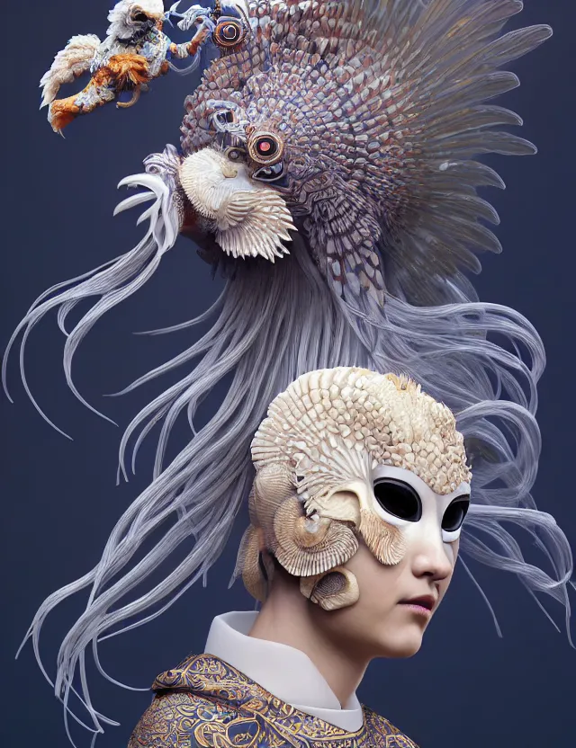 Image similar to 3 d goddess close - up profile portrait russian with ram skull. beautiful intricately detailed japanese crow kitsune mask and clasical japanese kimono. betta fish, jellyfish phoenix, bio luminescent, plasma, ice, water, wind, creature, artwork by tooth wu and wlop and beeple and greg rutkowski