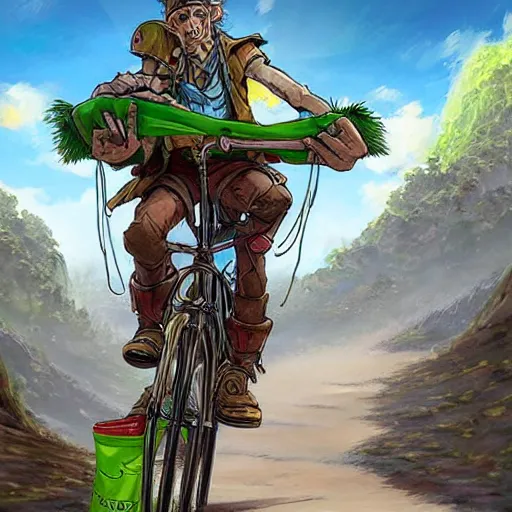 Prompt: a bicycle food delivery worker with a green bag on his back in Portugal, hearthstone art style, epic fantasy style art by kim jung gi, fantasy epic digital art