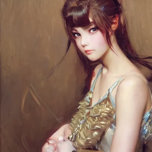 Prompt: a high fashion studio portrait of am very cute anime girl, painting by gaston bussiere, j. c. leyendecker, craig mullins,