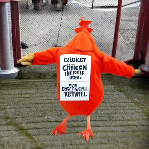 Image similar to chicken dressed as an inmate, real photo