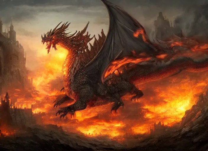 Image similar to giant fire dragon attacking a castle, highly detailed, 4 k, hdr, award - winning, directed by zack snyder, trending on art station, matte