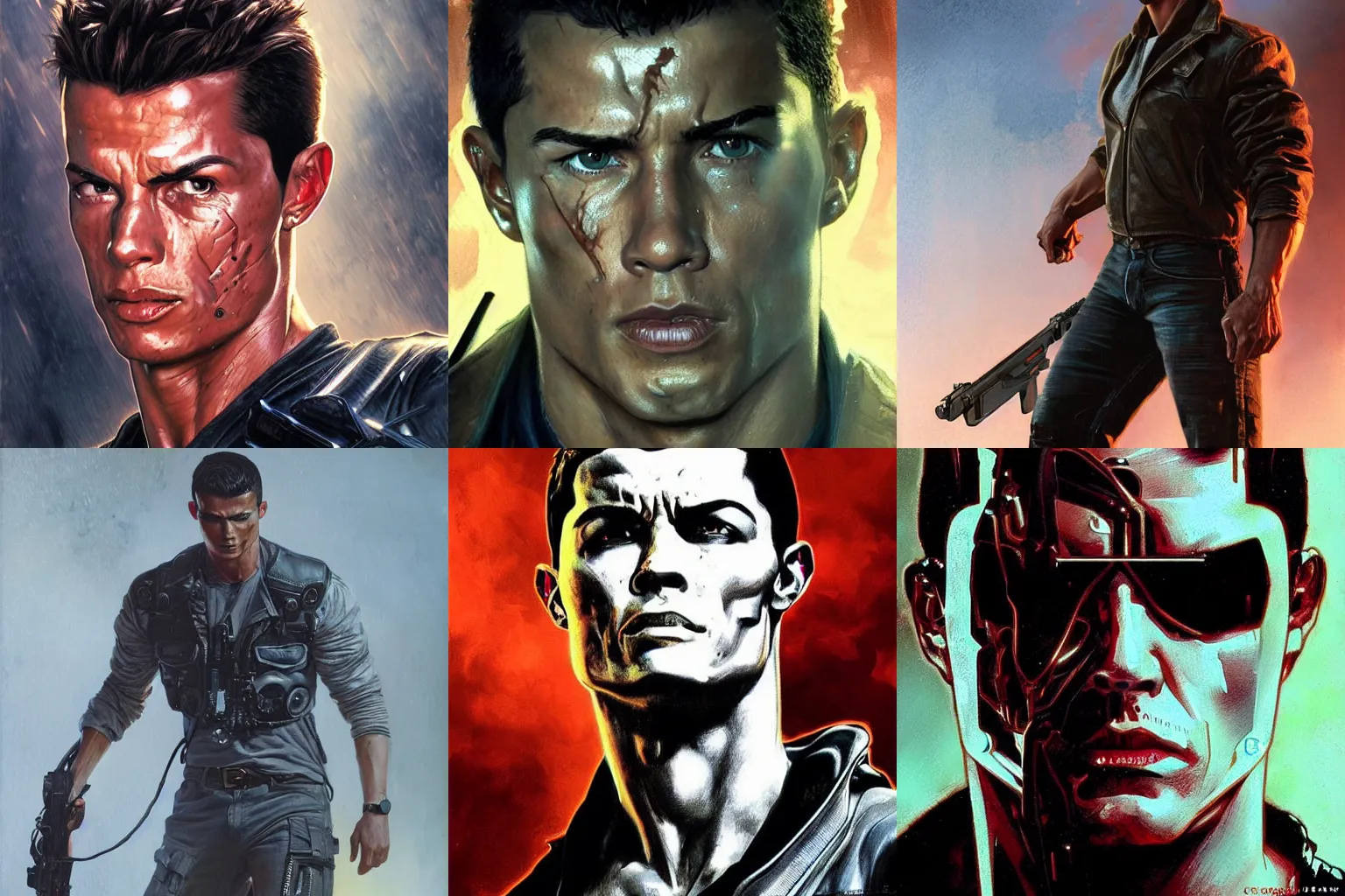 Prompt: The character of the Terminator film Cristiano Ronaldo, a highly detailed character in digital fantasy, painted portrait, artstation, concept art, hard focus, illustrations, works by Artgerm and Greg Rutkowski, Alphonse Mucha and Craig Mullins, James Jean, Andrey Ryabovichev, Mark Simonetti and Peter Morbacher, 16 thousand