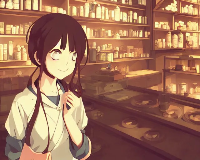 Image similar to anime visual, portrait of a young female traveler in a alchemist's shop interior, cute face by yoh yoshinari, katsura masakazu, studio lighting, dynamic pose, dynamic perspective, strong silhouette, anime cels, ilya kuvshinov, cel shaded, crisp and sharp, rounded eyes, moody