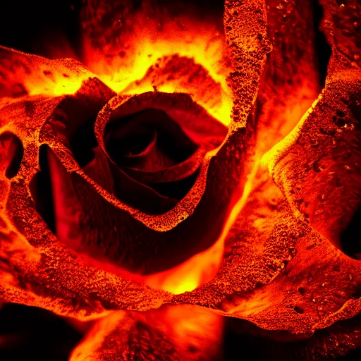 Image similar to award - winning macro of a beautiful black rose made of glowing molten magma