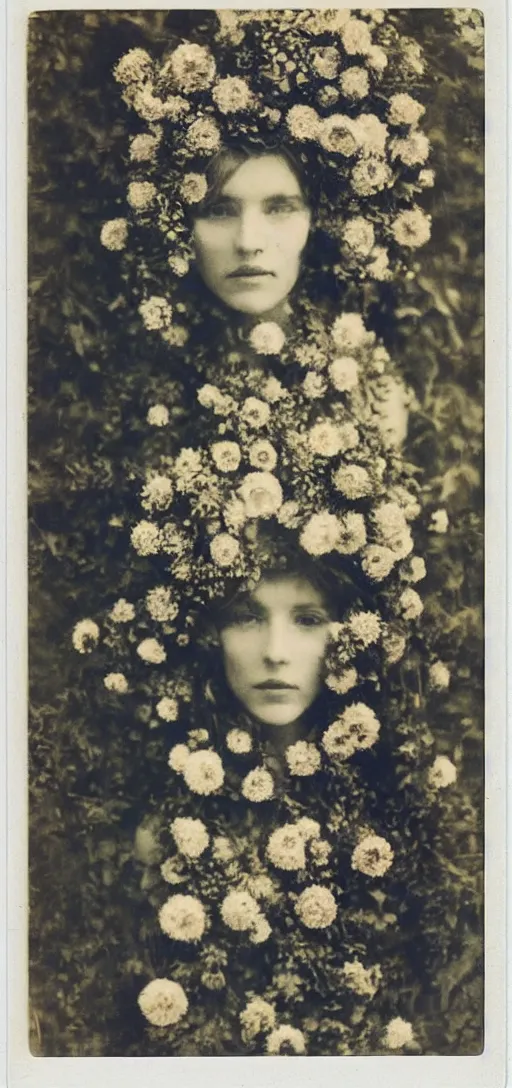 Image similar to portrait of a beautiful woman covered in flowers, Forest, ray gods, 1910 polaroid photography