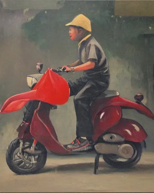 Image similar to asian school boy riding moped, aged oil painting by le pho