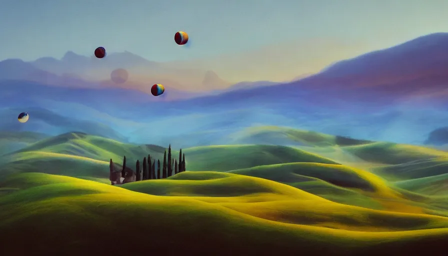 Prompt: a beautiful landscape painting, flying colorful saucers, tuscany hills, by sam guay, moody lighting, hyperrealism, 4 k, octane render