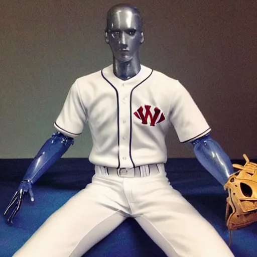 Prompt: “a realistic detailed photo of a guy who is an attractive humanoid who is half robot and half humanoid, who is a male android, baseball player Aaron Judge, shiny skin, posing like a statue, blank stare”