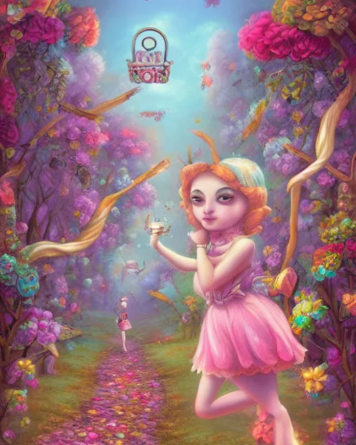Prompt: Whimsical fairytale, poplolita, flowers, candy land, carnival, Mark Ryden and Cyril Rolando, pastel color palette, detailed and realistic, intricate, ornate, Artstation, CGsociety