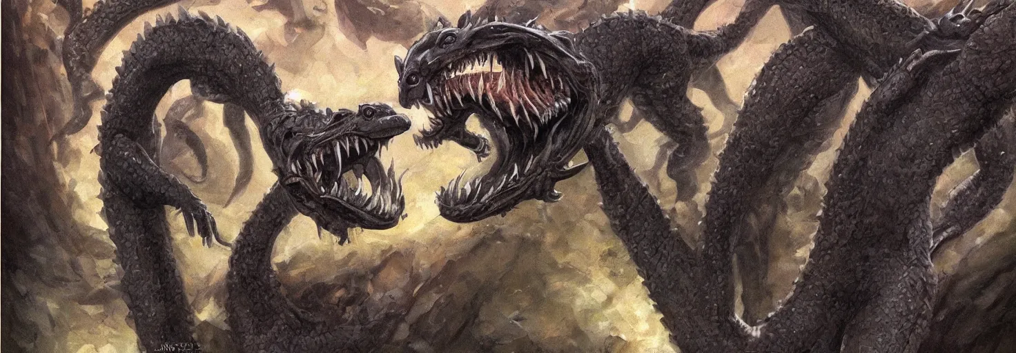 Image similar to full bodyshot!! symmetry!! a cross between a komodo dragon and a ferret, with a vipers head!! multiple rows of teeth in mouth, sleek dark fur!! dark fantasy, oil painting, in the style of frank frazetta, in the style of boris vallejo, top teir artstation, deviantart, pinterest