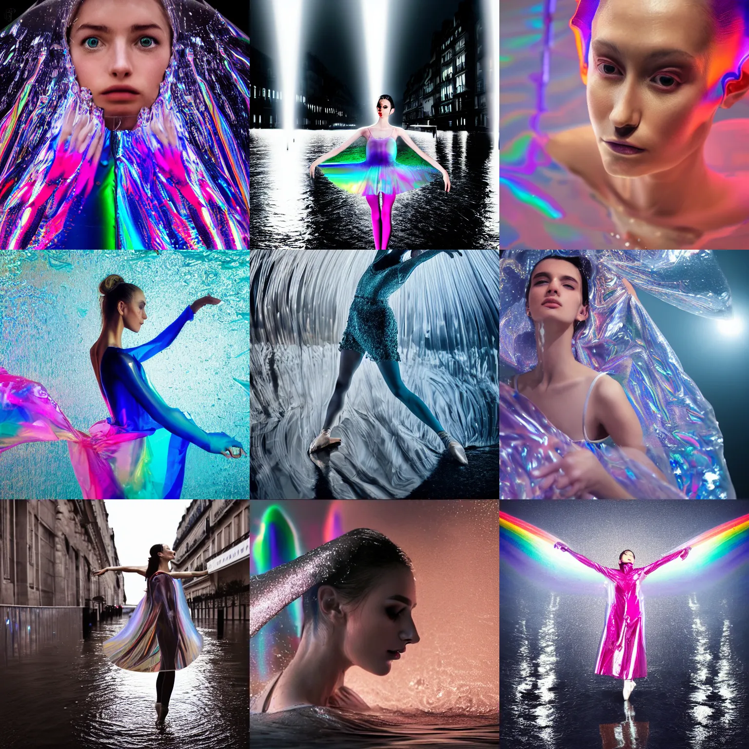 Prompt: Beautiful Fashion photography extreme closeup portrait of feminine ballet dancer half submerged in heavy nighttime paris floods, water to waste, wearing a translucent refracting rainbow diffusion wet plastic zaha hadid designed specular highlights raincoat by Nabbteeri, épaule devant pose, ultra realistic, Kodak , 4K, 75mm lens, three point perspective, chiaroscuro, highly detailed, by moma, by Nabbteeri