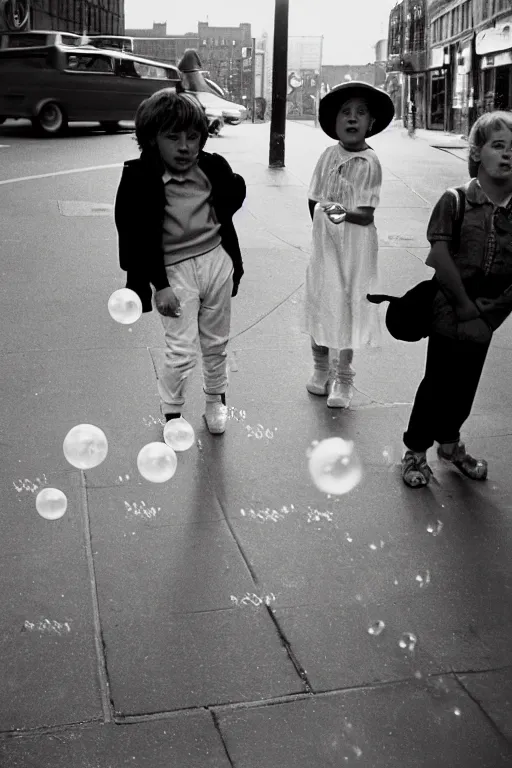 Image similar to street, 2 tomboys blow gum bubbles, 1 9 8 0 s film photography, exposed b & w photography, christopher morris photography, bruce davidson photography, peter marlow photography