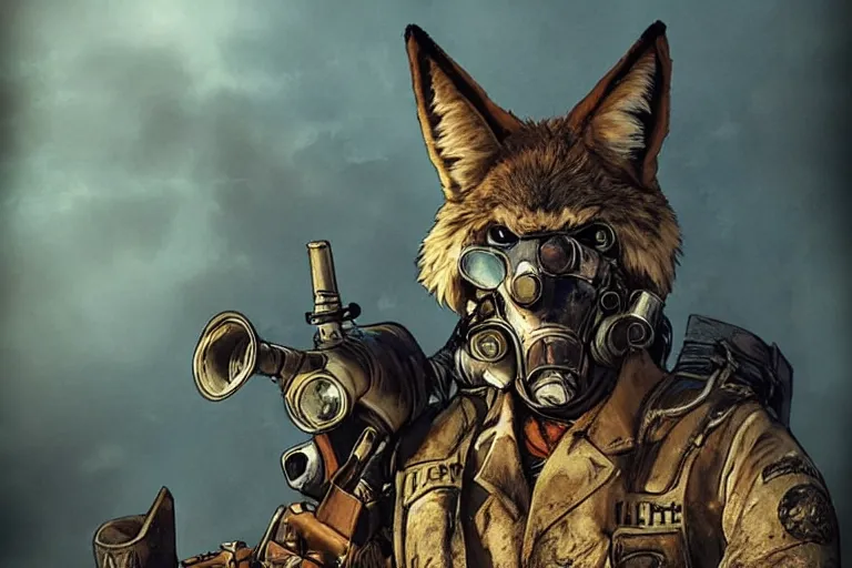 Prompt: a good ol'coyote fursona ( from the furry fandom ), heavily armed and armored facing down armageddon in a dark and gritty version from the makers of mad max : fury road. witness me.