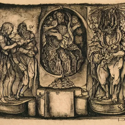 Prompt: alchemical symbols, ancient manuscripts, pen and ink drawings, etchings in the style of Albrecht Durer