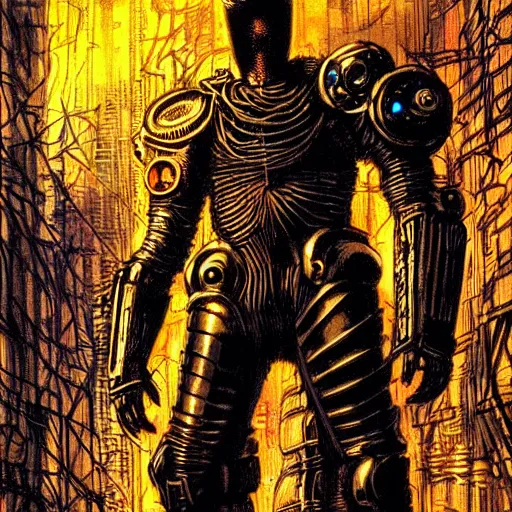 Image similar to cyberpunk knight, atmospheric lighting, painted, intricate, golden hour, ultra detailed by philippe druillet