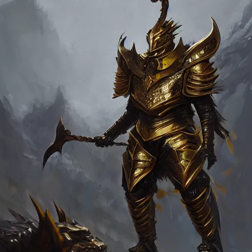 Prompt: anthropomorphic dragon warrior stands tall wearing black and gold plate armor, oil painting, Tooth Wu, Greg Rutkowski, RPG, dynamic lighting, fantasy art, High contrast, depth of field