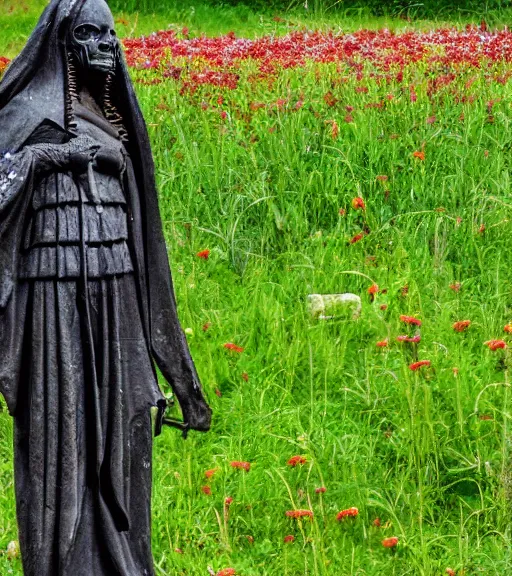 Image similar to mystical black death god statue in graveyard surrounded tall meadow of flowers, dslr photo, grainy, high detail, high resolution