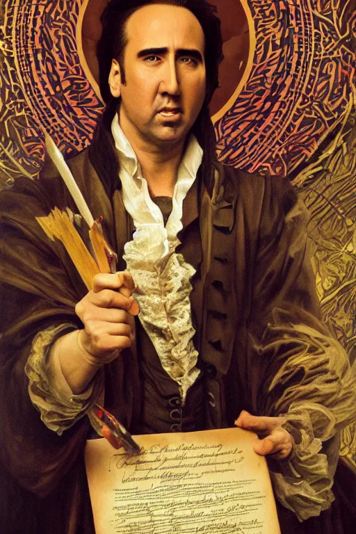 Image similar to a dramatic ethereal epic painting of nicolas cage holding the declaration of independence| tarot card, art deco, art nouveau, realistic | dramatic lighting | by Dresden Codak, by Mark Maggiori and Alphonse Mucha | trending on artstation