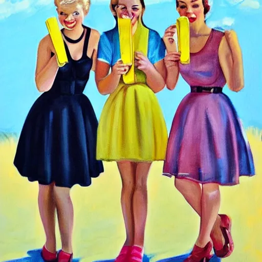 Image similar to a painting of two thin teens and one fat blonde teen dressed in 1 9 5 0's attire and eating yellow popsicles 8 k