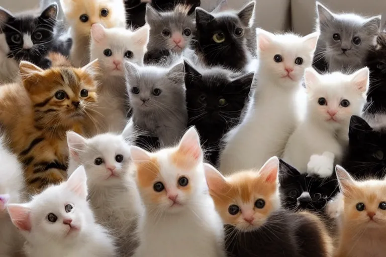 Image similar to a living room full of cute kittens that are all sitting and all of the kittens are facing directly at the camera and all of the cats are looking directly into the camera