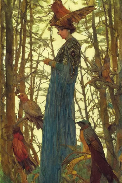 Image similar to the queen of the forest with her birds, by Annie Swynnerton and Nicholas Roerich, elaborately costumed, rich color, dramatic cinematic lighting, smooth, sharp focus, extremely detailed, featured on artstation