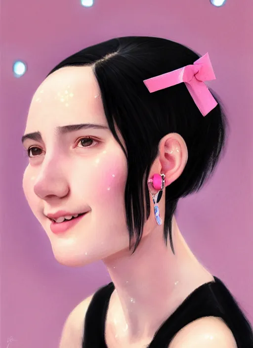 Image similar to portrait of teenage girl, realistic, black hair, bangs, half updo hairstyle, pointy nose, skinny, smile, ugly, defined jawline, big chin, pink hair bow, earrings, intricate, elegant, glowing lights, highly detailed, digital painting, artstation, sharp focus, illustration, art by wlop, mars ravelo and greg rutkowski