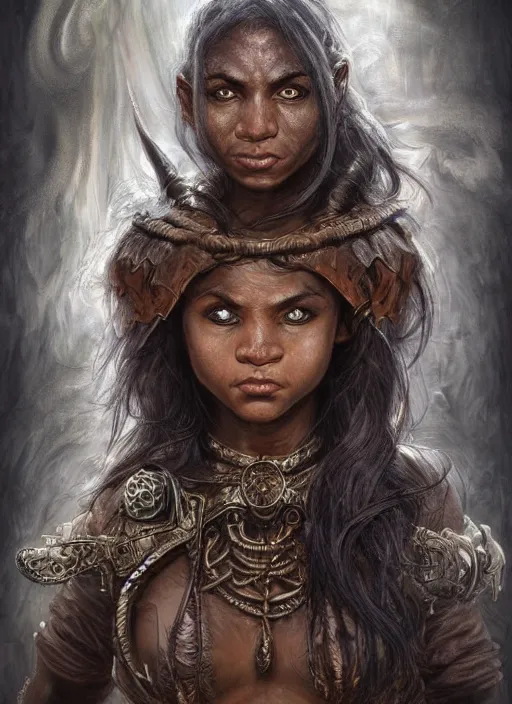 Prompt: gruntly halfling mage with dark skin and a rat-like face ,beautiful detailed eyes, dirty, fantasy, intricate, rough, highly detailed, digital painting, 4k, HDR, concept art, detailed jewelry, smooth, sharp focus, illustration, art by Artgerm, H R Giger and Alphonse Mucha