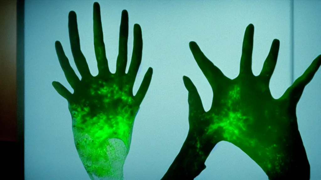 Image similar to the strange giant creature hand in the office, made of Chlorophyll and water, film still from the movie directed by Denis Villeneuve with art direction by Salvador Dalí