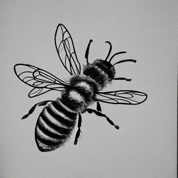 Image similar to a pencil drawing of a bee flying over a flower. by pen tacular