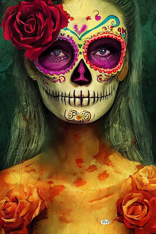 Image similar to Illustration of a sugar skull day of the dead girl, art by marc simonetti