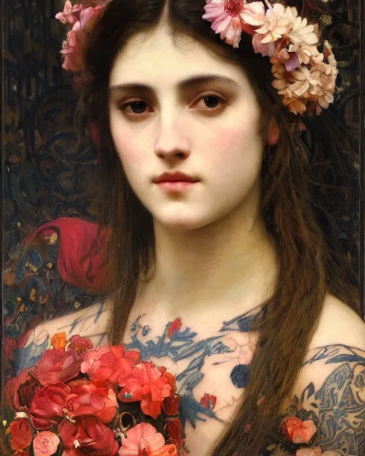Prompt: a beautiful girl with tattoos surrounded by flowers orientalist intricate portrait by john william waterhouse and edwin longsden long and theodore ralli and nasreddine dinet, oil on canvas. cinematic, hyper realism, dramatic lighting, high detail 8 k