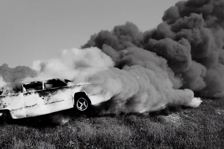 Prompt: Chevrolet Cadillac rolling down a mountain engulfed in flames, wide shot, 120 black and whit film