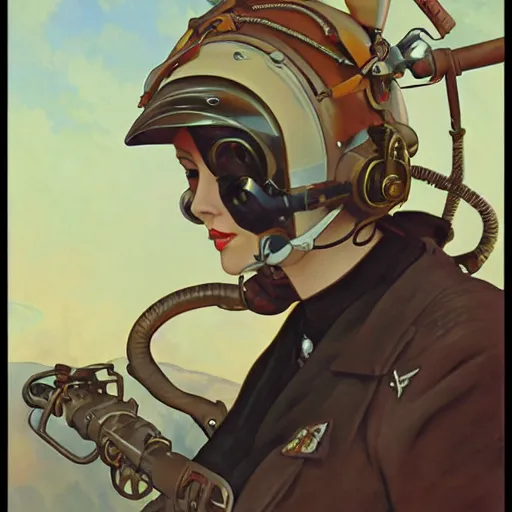 Image similar to A female airship pilot, dieselpunk, oil on canvas, in the style of Range Murata and Alphonse Mucha