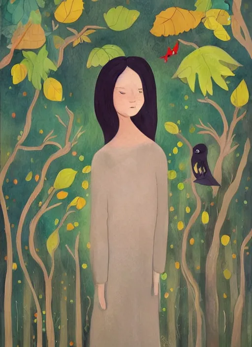 Image similar to a wonderful childrens illustration book portrait painting of a woman with serene emotion, art by tracie grimwood, forest, trees, many leaves, birds, whimsical, aesthetically pleasing and harmonious natural colors