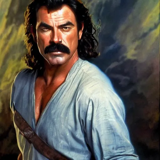 Image similar to ultra realistic portrait painting of tom selleck as aragorn, art by frank frazetta, 4 k, ultra realistic, highly detailed, epic lighting
