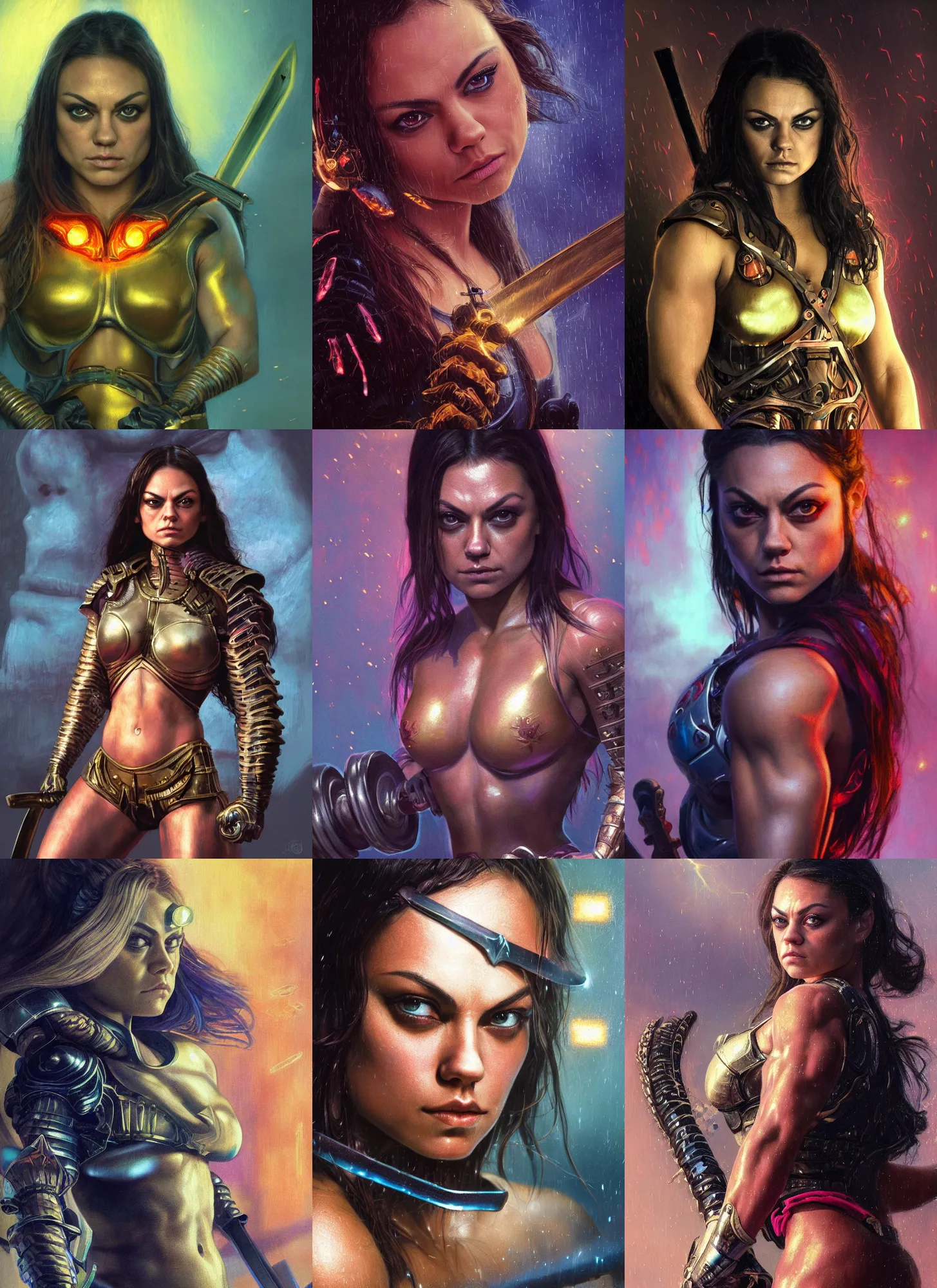 Image similar to bodybuilder mila kunis closeup portrait of a beautiful biblical diabolical samurai girl looking into the camera holding a sword, cyborg neon lit armor, foggy fireflies, cinematic studio light, golden hour, gerald brom, mikhail vrubel, peter elson, muted pastel colors, extreme detail, light rain, trending on artstation, 8 k