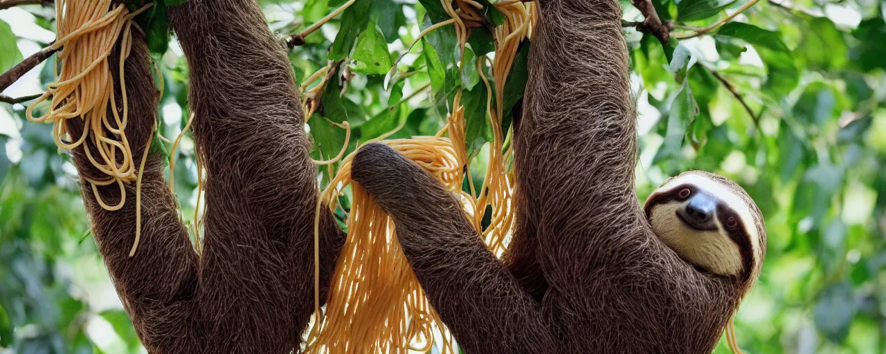 Prompt: a sloth eating spaghetti off a tree, in the style of wes anderson, canon 5 0 mm, kodachrome, retro