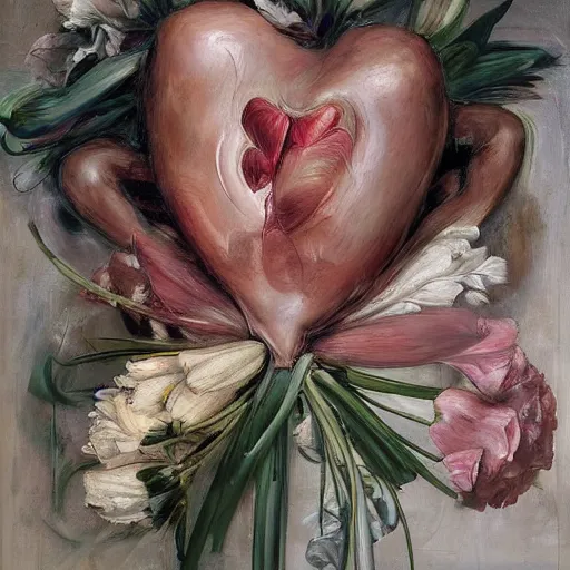 Prompt: A real heart with flowers , by jenny saville