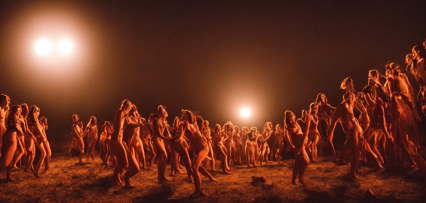 Image similar to a very high resolution historical image. a giant full moon in the mountains while young women dance in ecstasy in the firelight as the satanic ritual begins, 2 4 mm, photorealistic, photography, night directed by wes anderson