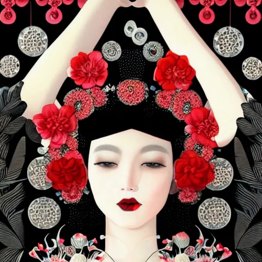 Prompt: breathtaking detailed concept art painting art deco pattern black red flowers and diamonds by hsiao - ron cheng, bizarre compositions, exquisite detail