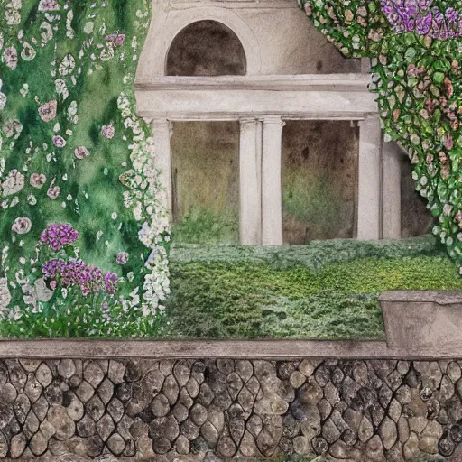 Image similar to delicate stone walls coastline garden on paper, spirals, stony, floating, puffy, vines, botanical herbarium, botanic watercolors, iridescent, 8 k wide angle, realistic shaded, fine details, artstation, italian, rainbow, colonnade, oak, pinecone, pomegranade, vines, gardena architecture, pompeian, sicilian