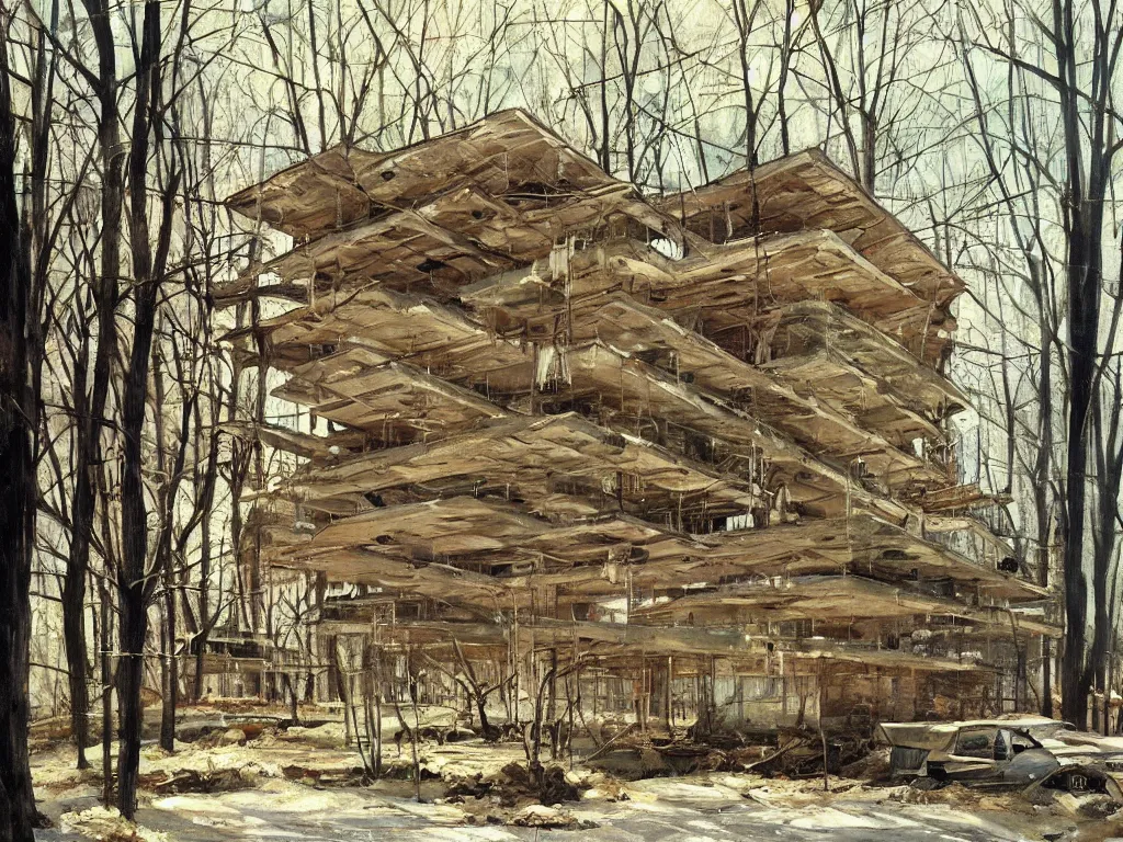 Image similar to A beautiful painting of a dilapidated post-modern building in the wood, by Coby Whitmore, Trending on artstation, very detailed